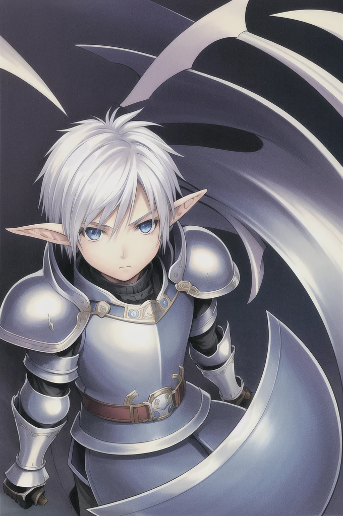 nomura tetsuya, masterpiece, best quality, 1boy, blue eyes, white hair, closed mouth, elf ear, fantasy background, looking at viewer, armour, short hair, simple background, solo,