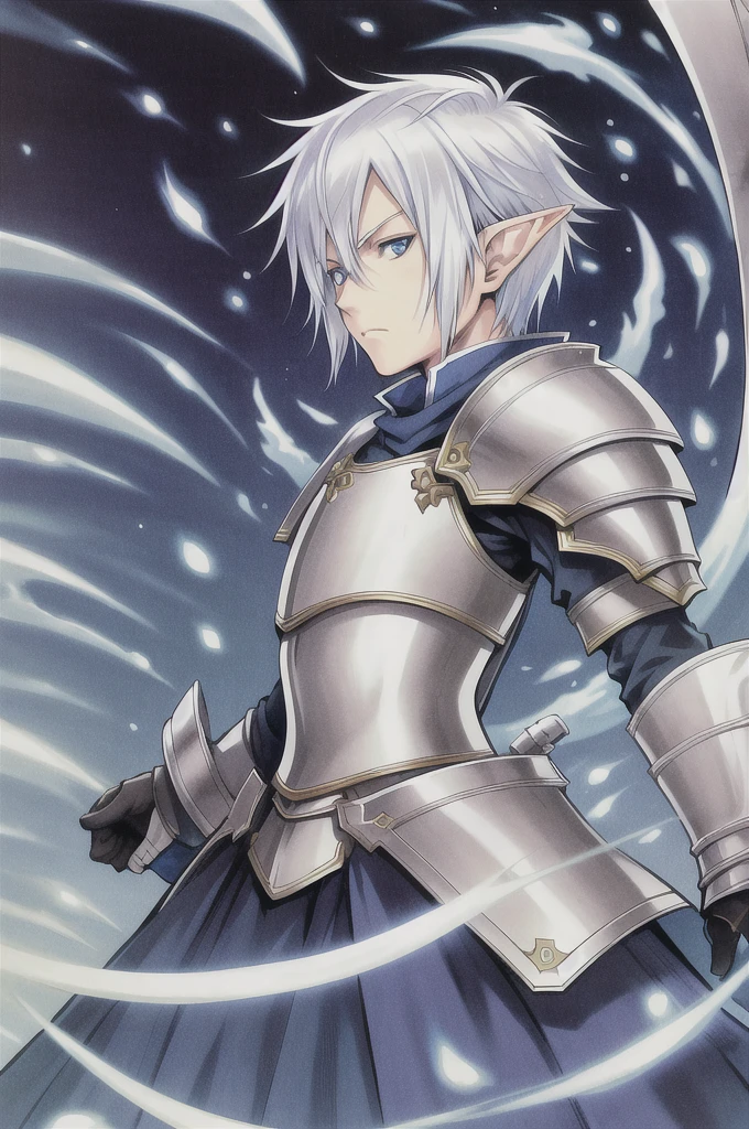nomura tetsuya, masterpiece, best quality, 1boy, blue eyes, white hair, closed mouth, elf ear, fantasy background, looking at viewer, armour, short hair, simple background, solo,