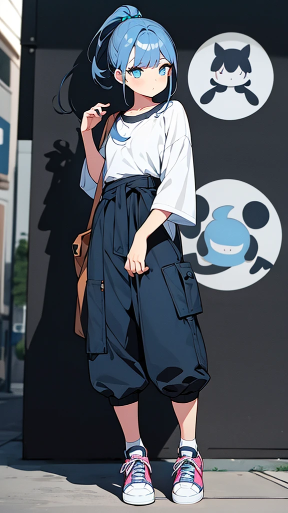1 girl, round face, very large detailed eyes, long eyelashes, blue hair with detailed ponytail, hands on waist, loose short-sleeved blouse, bare abdomen, watery cargo pants, Jordan Dior style sneakers, view of quality full body front,4k,