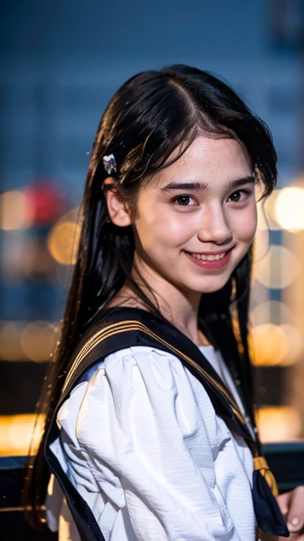 Masterpiece, best quality, ultra high res, realistic, (photorealistic:1.4), photography, rule of third, 1girl, (the girl wearing black sailor uniform), night, city light, cinematic lighting, 80s filter, detailed face , looking at viewer, front view, 80s movie, profile picture, portrait, happy face