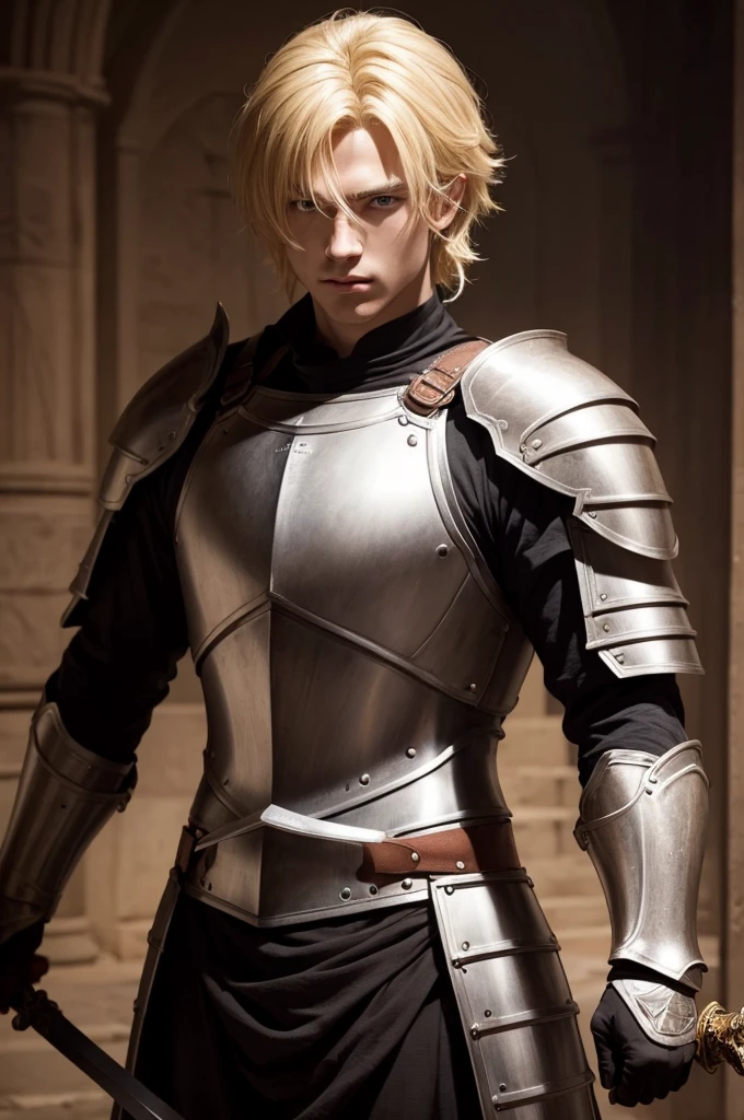 A man with blonde hair knight with his face appearing holding a sword, has brown eyes and his armor has red parts 