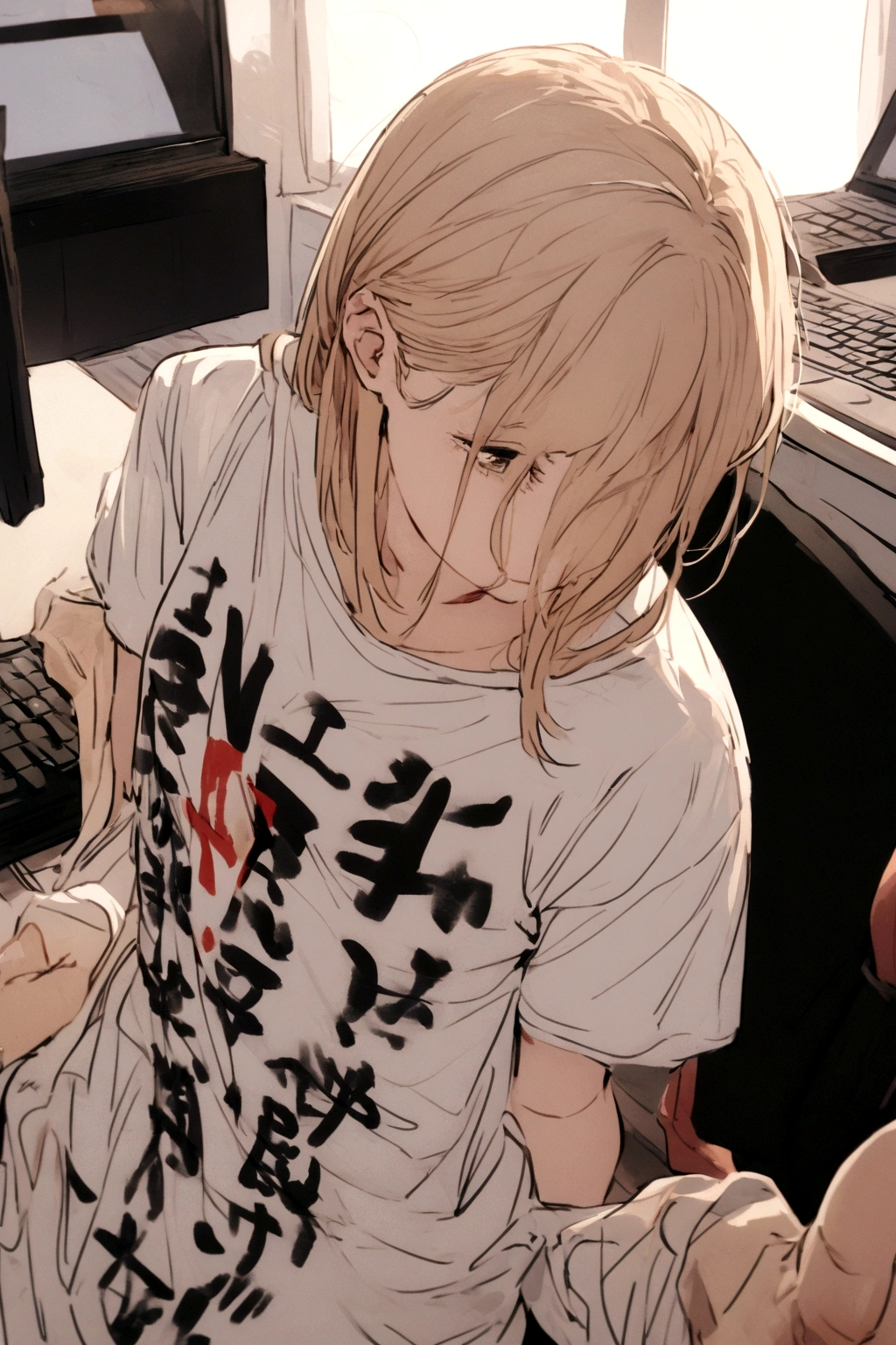 A Power,playing on a PC,all happy to win you ,wearing a shirt written, Harl,in the middle, of the shirt.
