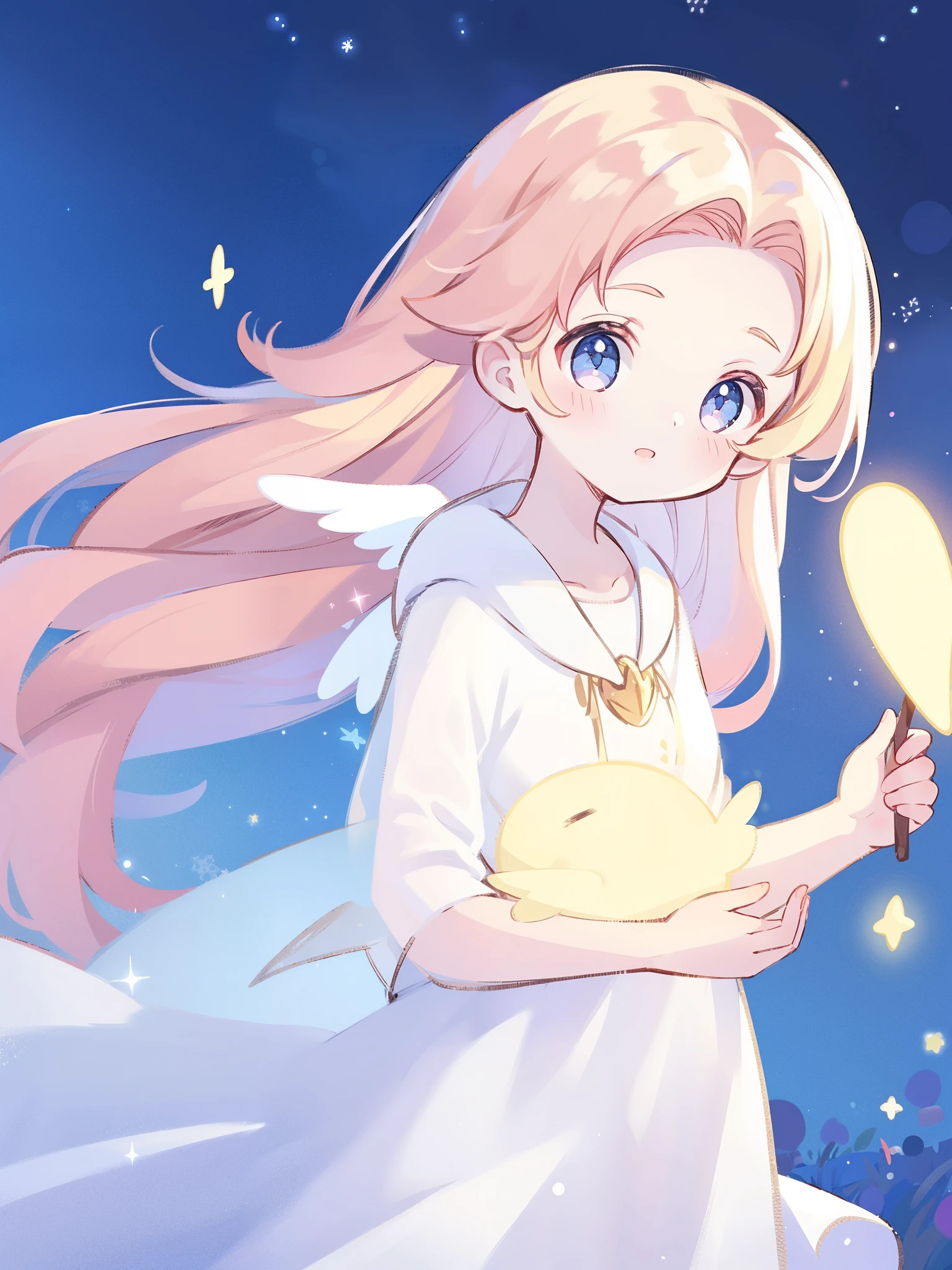 angel girl wearing an ethereal translucent dress, pale skin and light pink hair, white feathers, angel wings, sparkling detailed eyes, golden ratio face, perfect composition, highly detailed, ethereal, (starry night sky background), midjourney style