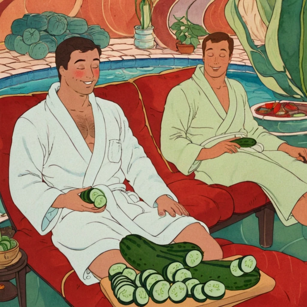 guy lying towards the room guy relaxing guy in the spa guy resting guy with cucumbers in front of his eyes guy in a robe guy in slippers 