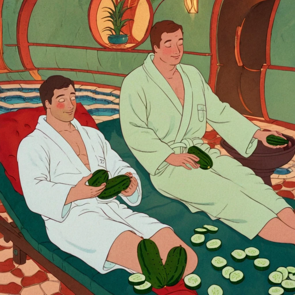 guy lying towards the room guy relaxing guy in the spa guy resting guy with cucumbers in front of his eyes guy in a robe guy in slippers