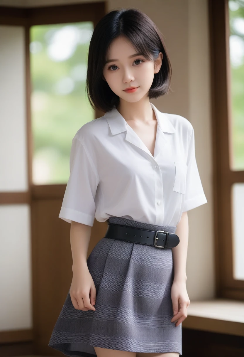 8K, Ultra-high resolution, Highest quality, masterpiece, 三分割法によるphotograph,Surreal, photograph, 1 Girl, (16 years old:1.3), pretty girl, Cute face, Beautiful eyes in every detail, 細かくdetailedに,masterpiece,, One Girl:1.2, Japan Female Announcer,whole body,(Absurd, High Fantasy Art, Best HD images, 注意深くdetailedに, 非常にdetailedな特徴と質感), Solo Character, 16 years oldの野蛮な少女, She has short black hair, Purple eyes with black pupils, Flat Chest, Slim texture, Very thin lips, White skin, (Scottish short skirt, Grey Leather Shirt, silver meral belt between her Scottish short skirt and belly), Confident pose, Very serious face, No Sense of Humor Irish Wooden Cottage with Ancient Greek and Celtic Furniture, Attractive thighs, Sensual,A carefree smile,Heal the heart,Black Hair,Short Bob,Looking at the audience、beauty,Long neck、Laugh a little、Please close your mouth and laugh、(((Ideal body type))),A cup small breasts :2,、Portraiture:2、Perfect Anatomy、鮮明なdetailed、detailed、Surreal、Light and shadow,Strong light