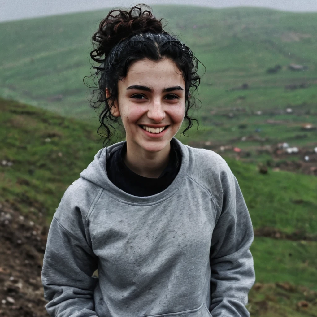 Black Curly bun black hair pale skin kurdish girl in sweatshirt standing on hill in country raining dirty smiling kemerli burun