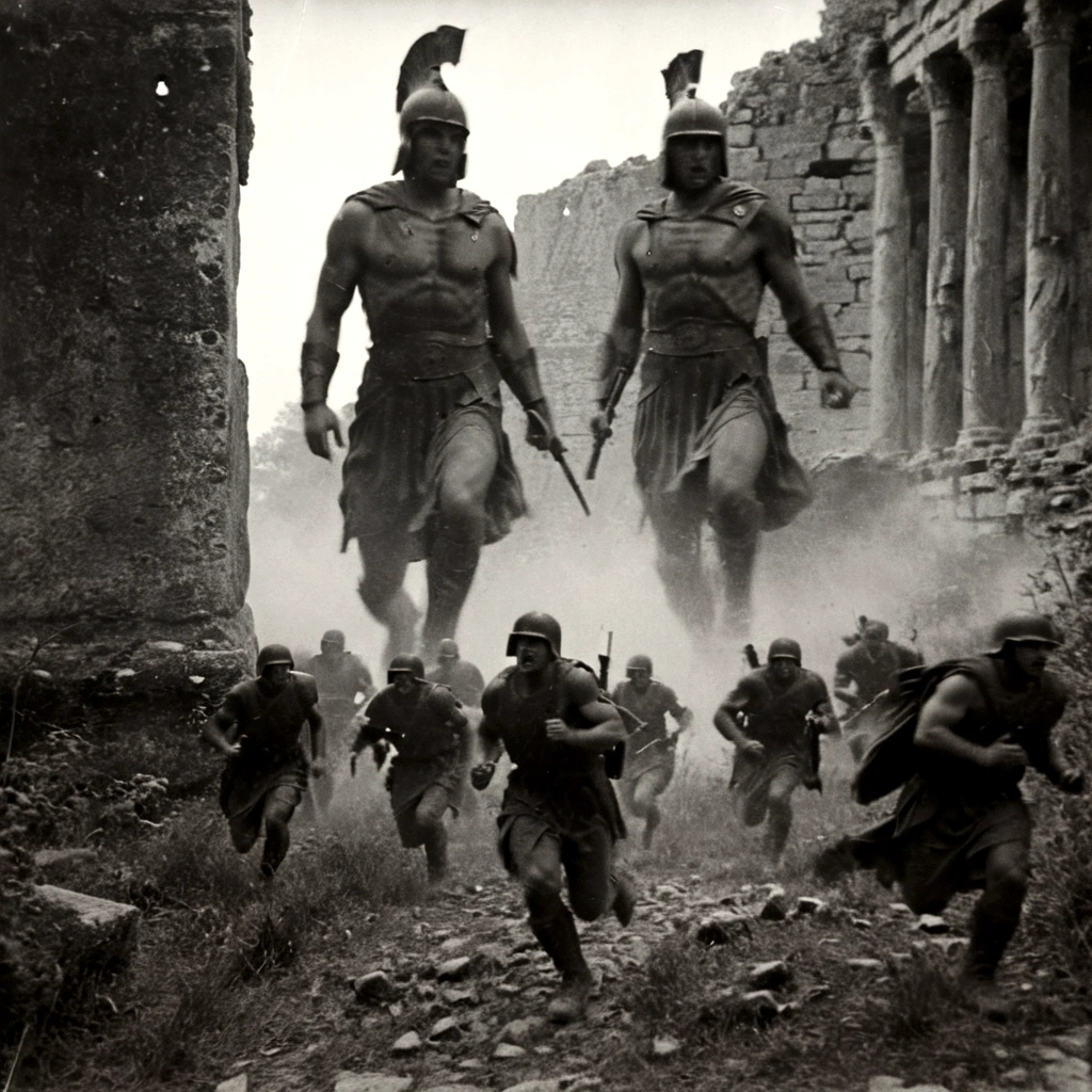 black and white, grainy old footage, 35mm vintage, frightened USA-army squad running from two giant-spartan soldiers among ancient ruins