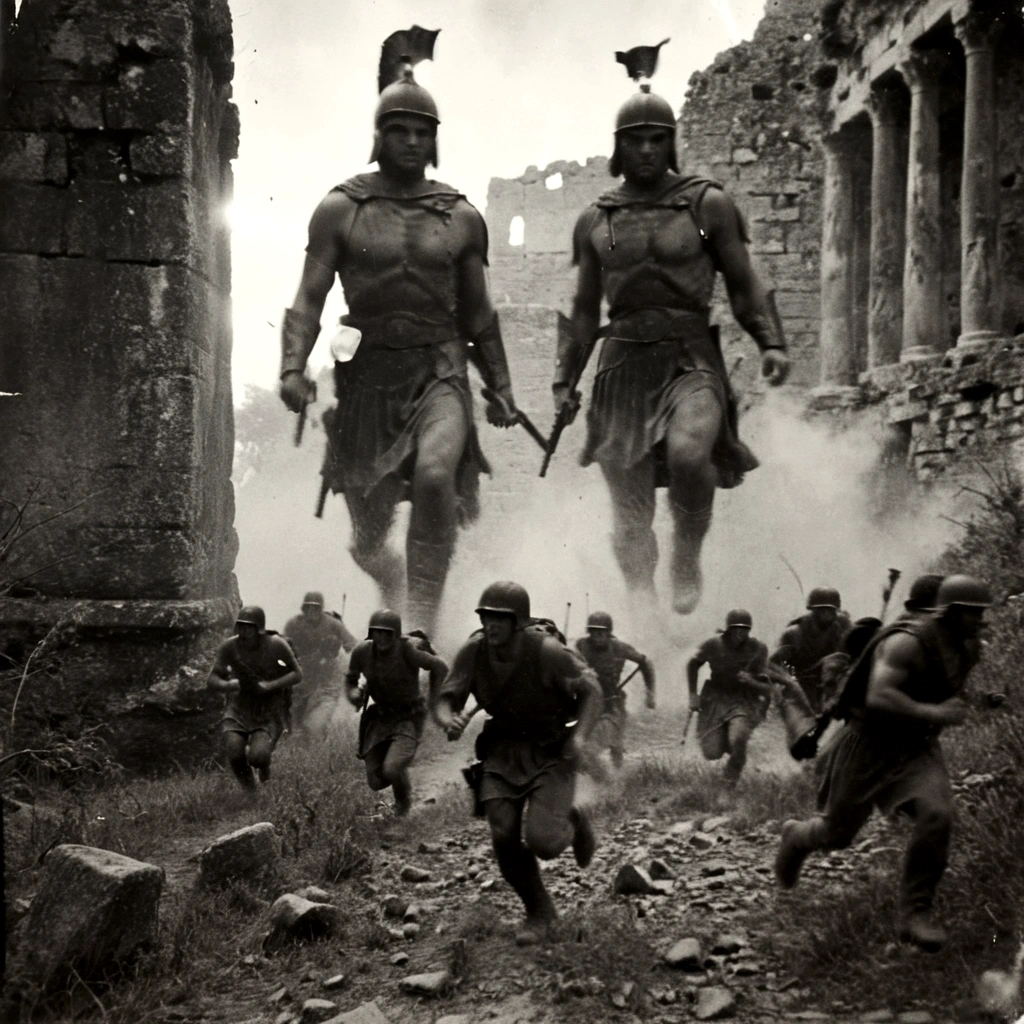 black and white, grainy old footage, 35mm vintage, frightened USA-army squad running from two giant-spartan soldiers among ancient ruins