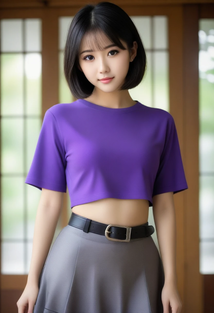 8K, Ultra-high resolution, Highest quality, masterpiece, 三分割法によるphotograph,Surreal, photograph, 1 Girl, (:1.3), pretty girl, Cute face, Beautiful eyes in every detail, 細かくdetailedに,masterpiece,, One Girl:1.2, Japan Female Announcer,whole body,(Absurd, High Fantasy Art, Best HD images, 注意深くdetailedに, 非常にdetailedな特徴と質感), Solo Character, 16 years oldhas short black hair, Purple eyes with black pupils, Flat Chest, Slim texture, Very thin lips, White skin, (Scottish short skirt, Grey Leather Shirt, silver meral belt between her Scottish short skirt and belly), Confident pose, Very serious face, No Sense of Humor Irish Wooden Cottage with Ancient Greek and Celtic Furniture, Attractive thighs, Sensual,A carefree smile,Heal the heart,Black Hair,Short Bob,Looking at the audience、beauty,Long neck、Laugh a little、Please close your mouth and laugh、(((Ideal body type))),A cup small breasts :2,、Portraiture:2、Perfect Anatomy、鮮明なdetailed、detailed、Surreal、Light and shadow,Strong light