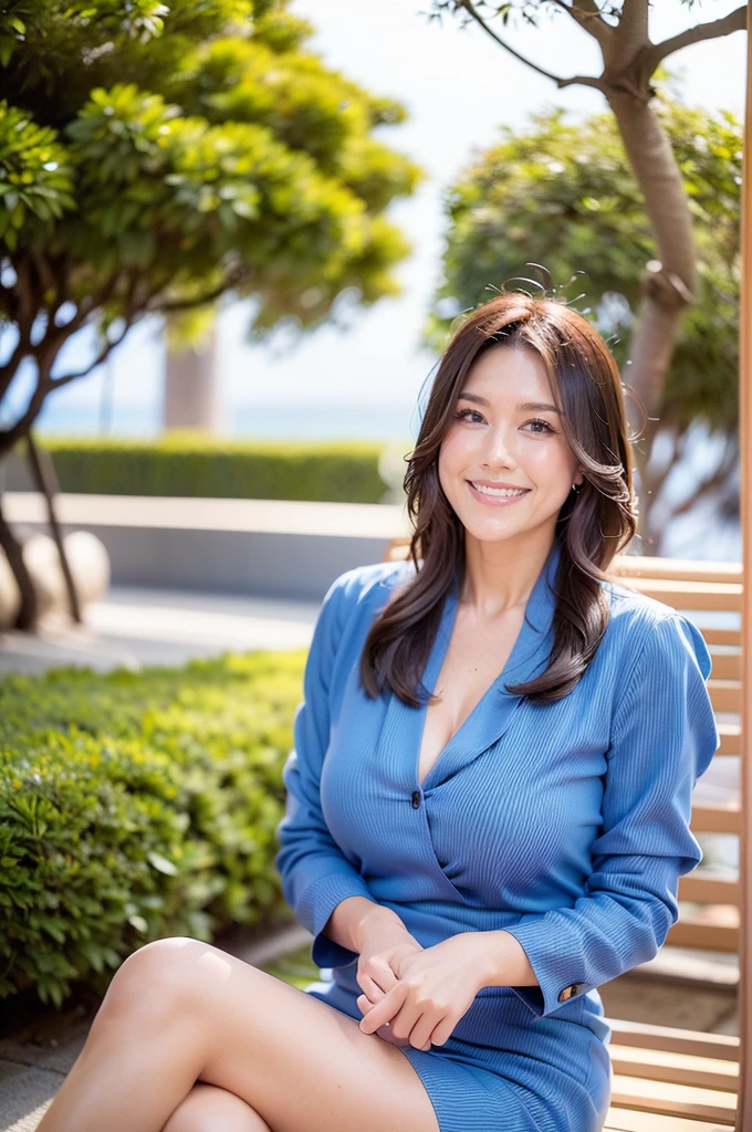 {{in tthe resort hotel}},high quality, In 8K, Masseter region, Vibrant, Sharp focus, high quality, High resolution, Detailed face, Fine grain, Thick lips, (Looking at the audience), alone, Beautiful woman, 45 years old, （Short black hair:1.5）, Cleavage, afternoon、In front of the garden in the park,(Sit with your feet together on the bench:1.6）、（Blue and white striped dress:1.6）、（smile:1.5）、（ハワイのリゾートホテルの中:1.5）ノースリーブニット,Hawaii beach hotel,