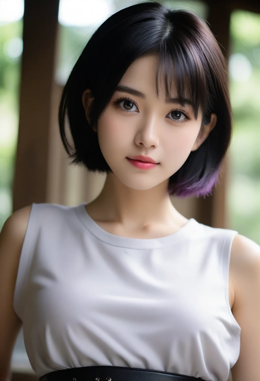 8K, Ultra-high resolution, Highest quality, masterpiece, 三分割法によるphotograph,Surreal, photograph, 1 Girl, (16 years old:1.3), pretty girl, Cute face, Beautiful eyes in every detail, 細かくdetailedに,masterpiece,, One Girl:1.2, Japan Female Announcer,whole body,(Absurd, High Fantasy Art, Best HD images, 注意深くdetailedに, 非常にdetailedな特徴と質感), Solo Character, 16 years oldの野蛮な少女, She has short black hair, Purple eyes with black pupils, Flat Chest, Slim texture, Very thin lips, White skin, (Scottish short skirt, Grey Leather Shirt, silver meral belt between her Scottish short skirt and belly), Confident pose, Very serious face, No Sense of Humor Irish Wooden Cottage with Ancient Greek and Celtic Furniture, Attractive thighs, Sensual,A carefree smile,Heal the heart,Black Hair,Short Bob,Looking at the audience、beauty,Long neck、Laugh a little、Please close your mouth and laugh、(((Ideal body type))),A cup small breasts :2,、Portraiture:2、Perfect ???????、鮮明なdetailed、detailed、Surreal、Light and shadow,Strong light 