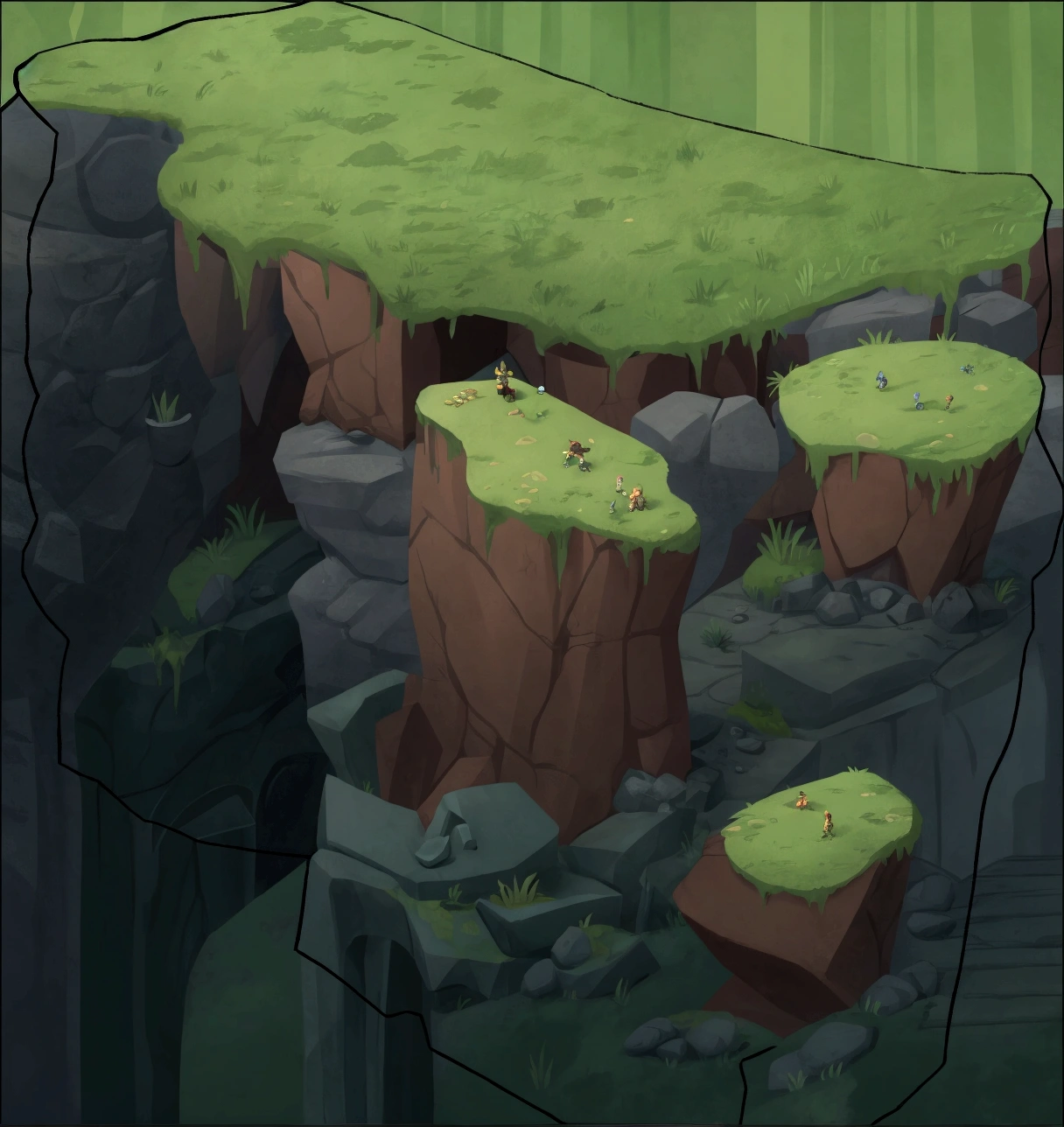 cartoon illustration of a cliff with grass growing on top, 2 d game art background, background art, rocky environment, game asset, 2 d texture, dungeon background, 2d texture, 2d game asset, background fortress, 2d game background, background is the ruins, cave background, detailed game art, stylized concept art, cliff side, 2 d game environment design, more detailed