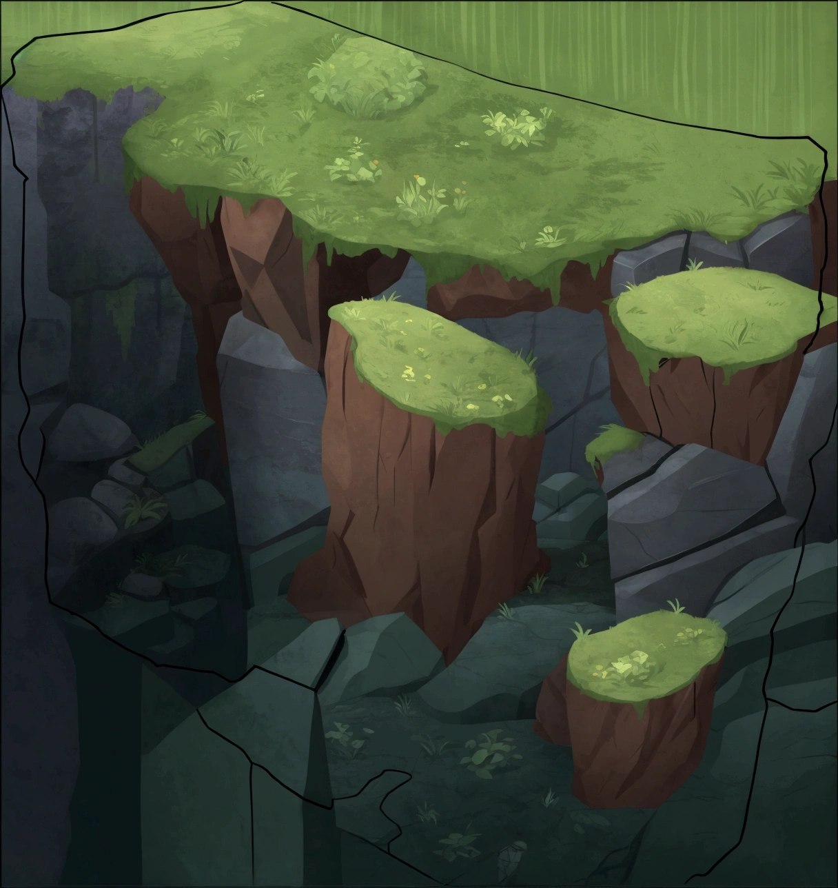 cartoon illustration of a cliff with grass growing on top, 2 d game art background, background art, rocky environment, game asset, 2 d texture, dungeon background, 2d texture, 2d game asset, background fortress, 2d game background, background is the ruins, cave background, detailed game art, stylized concept art, cliff side, 2 d game environment design, more detailed