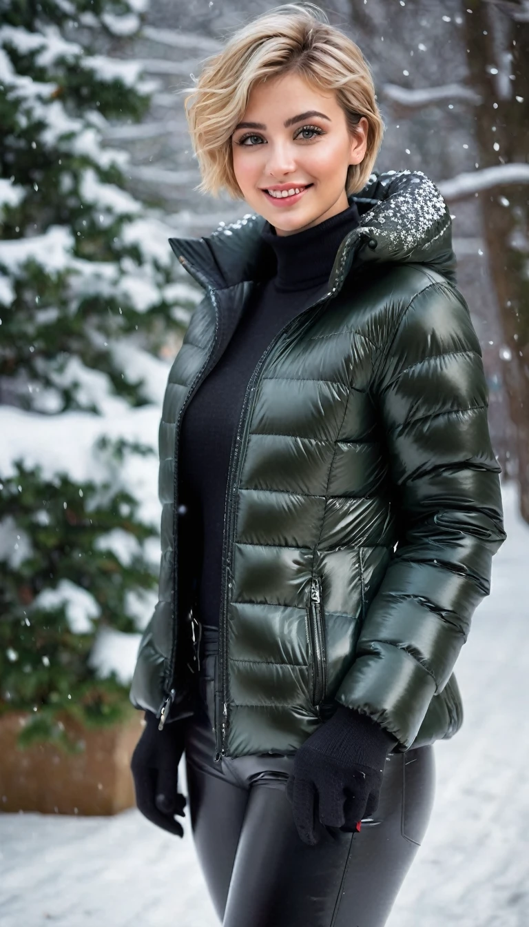 ultrarealistic high quality full body photo of a beautiful busty slim european 25-year-old woman with cute hyperdetailed shy face and natural blonde short hair and shy smile , realistic round hazel eyes, natural lips, dark eye makeup with eyeliner, wearing shiny cropped puffer jacket and latex flare pants, hourglass body, outdoor photography, heavy snow falling