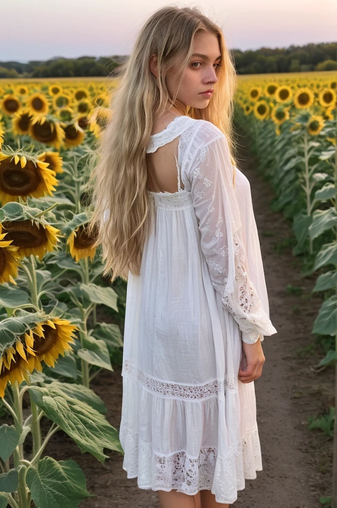 A 18-year-old blonde woman, ((hiperrealismo))textured skin, goosebumps, perfect eyes. Blonde hair with light brown roots. cabello rubio, Hair with brown roots, extra long hair, really long hair. photo taken with iPhone, Porta 160 color. Provocative pose. Skinny small girl. Sunflowers field background, but sunflowers. Wearing pretty white nightgown, wearing white nightgown, long sleeves. Back view of the body and head, as she watches the pink sunset. BACK VIEW