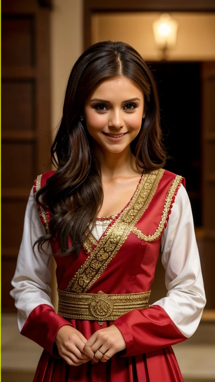 Nina Dobrev dressed in traditional 12th century clothing and smiling