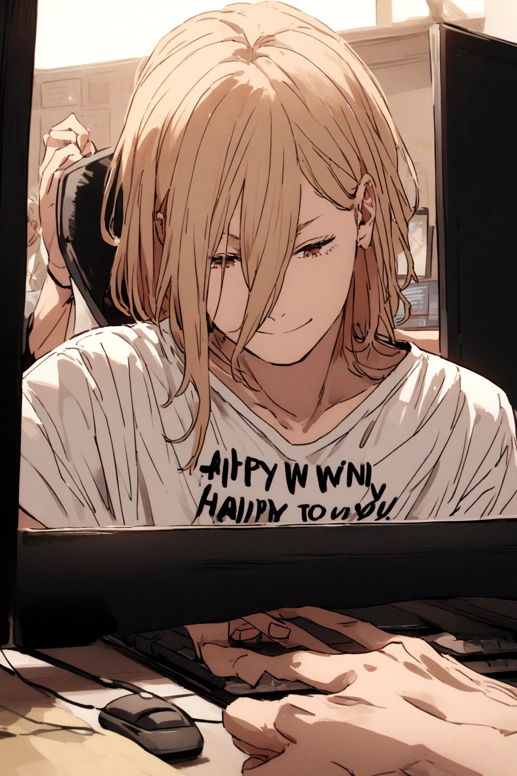 A Power,playing on a PC,all happy to win you ,wearing a shirt written, Harl,in the middle, of the shirt.