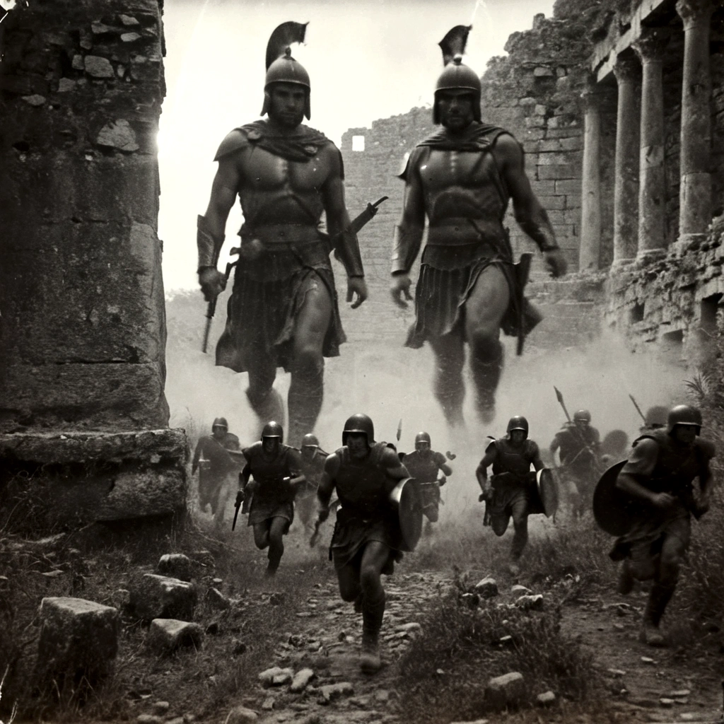 black and white, grainy old footage, 35mm vintage, modern military squad running from two giant-spartan soldiers among ancient ruins