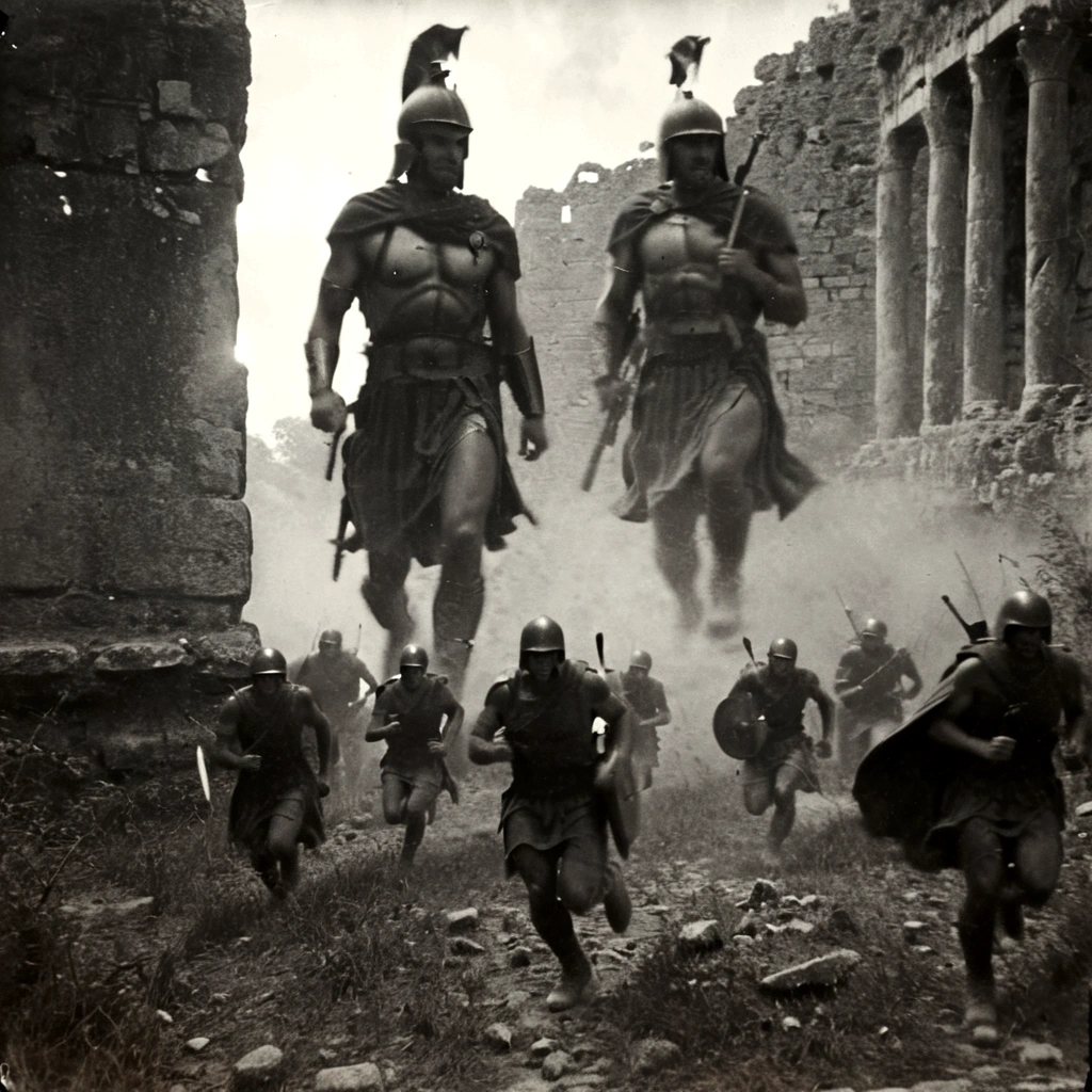 black and white, grainy old footage, 35mm vintage, modern military squad running from two giant-spartan soldiers among ancient ruins