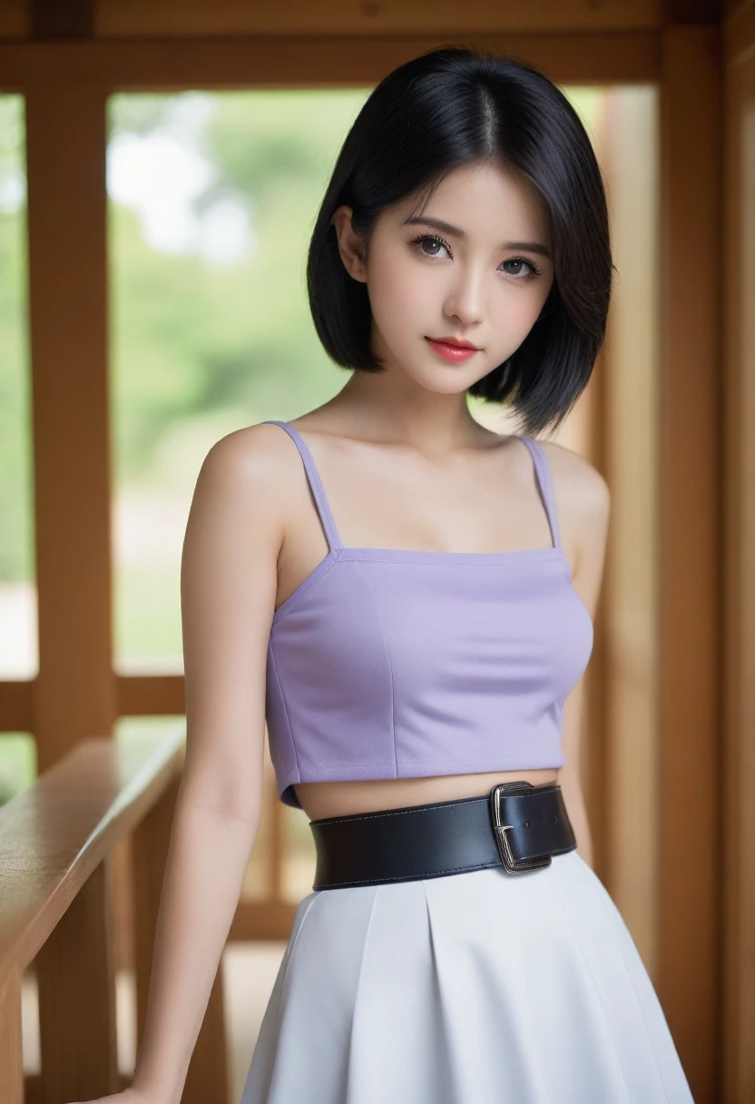 8K, Ultra-high resolution, Highest quality, masterpiece, 三分割法によるphotograph,Surreal, photograph, 1 Girl, (16 years old:1.3), pretty girl, Cute face, Beautiful eyes in every detail, 細かくdetailedに,masterpiece,, One Girl:1.2, Japan Female Announcer,whole body,(Absurd, High Fantasy Art, Best HD images, 注意深くdetailedに, 非常にdetailedな特徴と質感), Solo Character, 16 years oldの野蛮な少女, She has short black hair, Purple eyes with black pupils, Flat Chest, Slim texture, Very thin lips, White skin, (Scottish short skirt, Grey Leather Shirt, silver meral belt between her Scottish short skirt and belly), Confident pose, Very serious face, No Sense of Humor Irish Wooden Cottage with Ancient Greek and Celtic Furniture, Attractive thighs, Sensual,A carefree smile,Heal the heart,Black Hair,Short Bob,Looking at the audience、beauty,Long neck、Laugh a little、Please close your mouth and laugh、(((Ideal body type))),A cup small breasts :2,、Portraiture:2、Perfect Anatomy、鮮明なdetailed、detailed、Surreal、Light and shadow,Strong light
