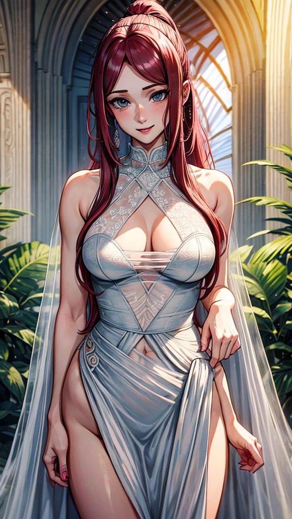 uzumaki_kushina,very large_breasts, medium thighs, large_ass, solo, wedding dress,gown, wrinkle , transparent dress,sexy dress, hand on ,ponytail,navel, cleavage, belly button,no bra,no panties, masterpiece, best quality, detailed face, detailed eyes, highres, (masterpiece:1.4, best quality:1.2), (Highres), (Detailed Illustration), Ultra-Detailed, konohagakure,looking in front, smiling playfully,lustful eyes, red lipstick,blue eyes,one hand up ,second hand on cleavage , standing,front face, blossom tree,body on front,legs apart , fair skin,