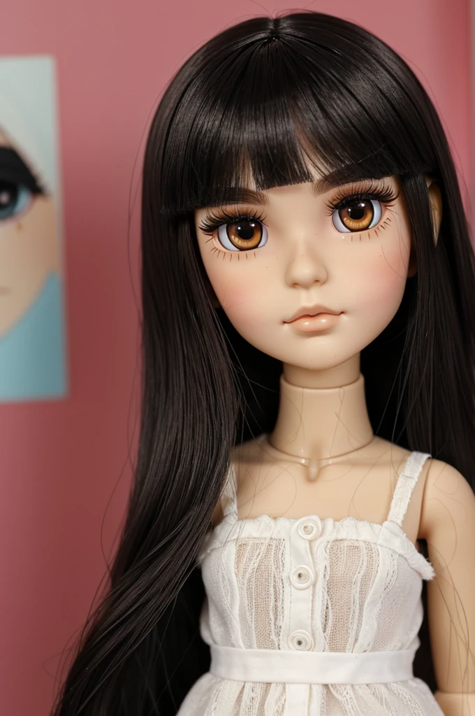 (Blytle doll
with:
• black hair, straight and without fringes
•straight eyebrow
•anime style eyelashes
•a mole above the right eyebrow
•end of the right eyebrow a mole
•Brown eyes
•brown lips