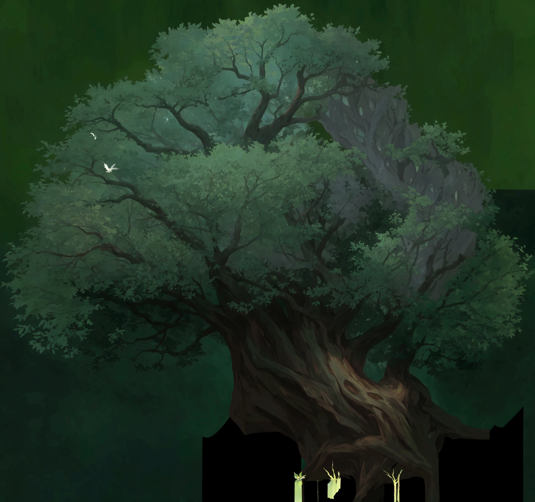 there is a tree with a bird on it and a bird on the branch, game asset of plant and tree, ancient wood environment, fantasy tree, ancient tree, stylized vegetation, large tree, giant tree, ent treant dryad, background art, big tree, treant, elf forest background, old dark forest, 2 d game environment design