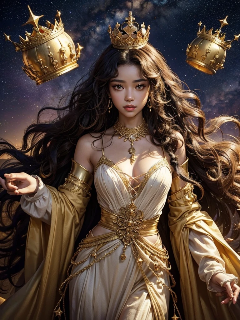 afro-descendant queen character with curly hair, wearing long clothes, personality would be, with golden crown on his head, wearing gold jewelry, starry sky around, cold face and features