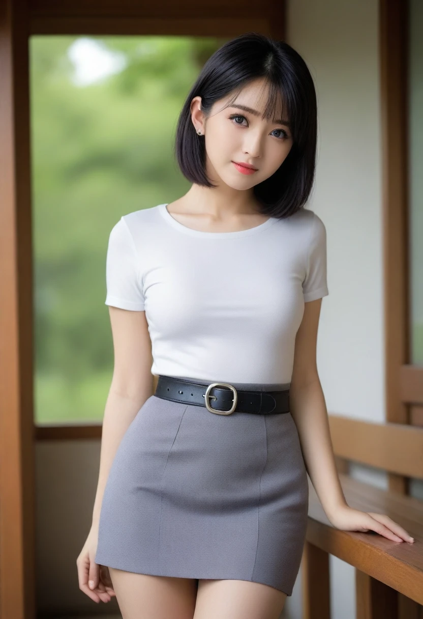 8K, Ultra-high resolution, Highest quality, masterpiece, 三分割法によるphotograph,Surreal, photograph, 1 Girl, (:1.3), pretty girl, Cute face, Beautiful eyes in every detail, 細かくdetailedに,masterpiece,, One Girl:1.2, Japan Female Announcer,whole body,(Absurd, High Fantasy Art, Best HD images, 注意深くdetailedに, 非常にdetailedな特徴と質感), Solo Character, 16 years oldhas short black hair, Purple eyes with black pupils, Flat Chest, Slim texture, Very thin lips, White skin, (Scottish short skirt, Grey Leather Shirt, silver meral belt between her Scottish short skirt and belly), Confident pose, Very serious face, No Sense of Humor Irish Wooden Cottage with Ancient Greek and Celtic Furniture, Attractive thighs, Sensual,A carefree smile,Heal the heart,Black Hair,Short Bob,Looking at the audience、beauty,Long neck、Laugh a little、Please close your mouth and laugh、(((Ideal body type))),A cup small breasts :2,、Portraiture:2、Perfect Anatomy、鮮明なdetailed、detailed、Surreal、Light and shadow,Strong light