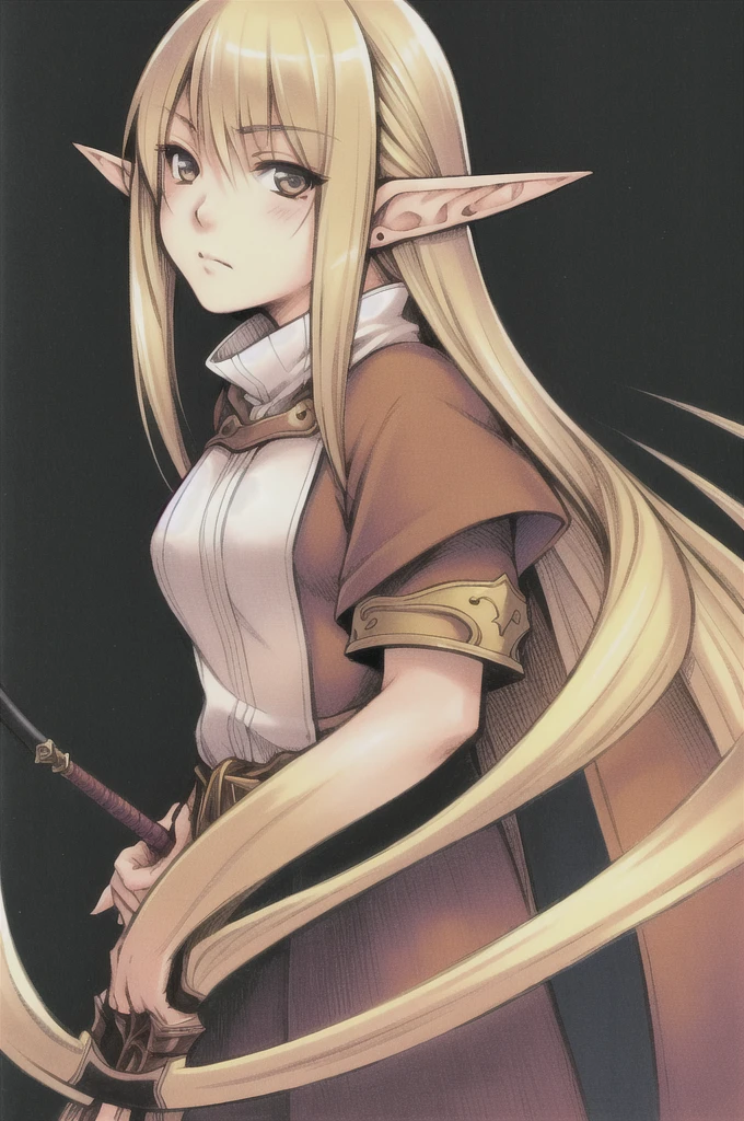 nomura tetsuya, masterpiece, best quality, 1girl, hazel eyes, blonde hair, closed mouth, elf ear, fantasy background, looking at viewer, mage, long hair, simple background, solo,