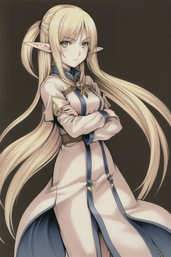 nomura tetsuya, masterpiece, best quality, 1girl, hazel eyes, blonde hair, closed mouth, elf ear, fantasy background, looking at viewer, mage, long hair, simple background, solo, 