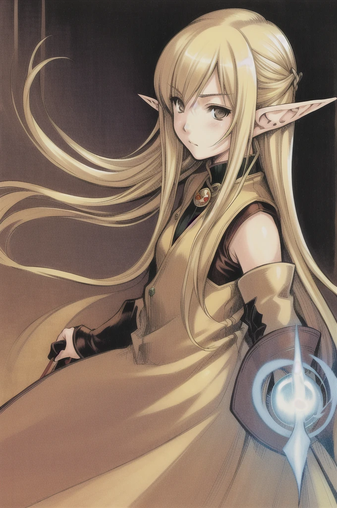 nomura tetsuya, masterpiece, best quality, 1girl, hazel eyes, blonde hair, closed mouth, elf ear, fantasy background, looking at viewer, mage, long hair, simple background, solo, 