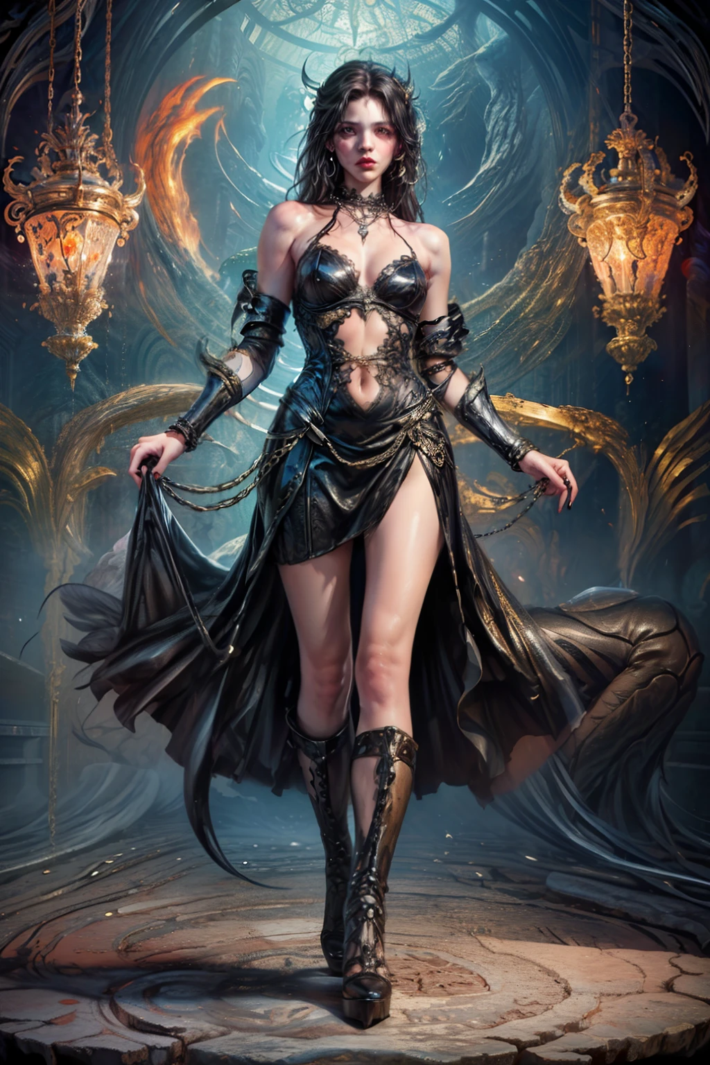 ((Finest quality)),(超A high resolution),(ultra-detailliert),(Meticulous portrayal),((Best Anime)),(Finest works of art),(Ultra-Precision Art),(The art of astounding depiction,Overwhelming depiction:1.5),(intricate and detailed art:1.6), (adult woman:1.5),(Hanging:1.6),Staring at this:1.4,sneering:1.5,(Armor shaped like a skeleton:1.3), (Black Flame:1.5), terrifying, nightmarish, cosmic horror, body horror, a heavenly female knight, imposing, biblical, very skinny, detailed, best quality, prominent collarbones, skinny arms, flat stomach, visible hip bones, full body, red and white clothing, occult aesthetic, occult, detailed and intricate steampunk and detailed gothic, Fluttering lace flared long knee length dress with frilly petticoats, knee length dress, pleated petticoats, petticoats gothic, complex lace boots, gothic aesthetic, wielding a mighty sword with mechanical components, mandalas, full body, whole body, body, chains,