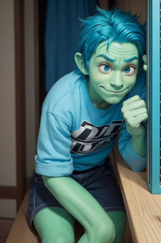 I want a photo of an emotion from the Fun Pixar movie.He is a boy with blue hair and green skin and is holding a cell phone.he's happy