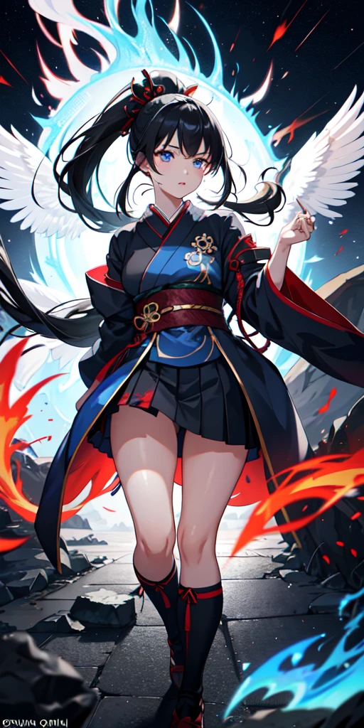 1girl, Japanese clothing, ponytail, black hair, blue eyes, blue fire, blue flames, wallpaper, landscape, blood, blood splatter, depth of field, night, light particles, light rays, side lighting, thighs, fate \(series\), genshin impact, ****, open jacket, skirt, thigh, cloud