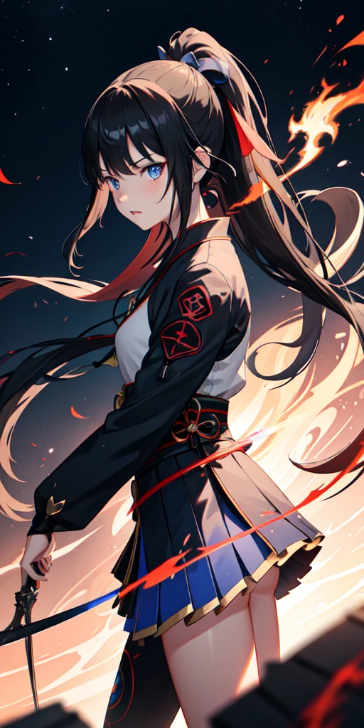 1girl, Japanese clothing, ponytail, black hair, blue eyes, blue fire, blue flames, wallpaper, landscape, blood, blood splatter, depth of field, night, light particles, light rays, side lighting, thighs, fate \(series\), genshin impact, ****, open jacket, skirt, thigh, cloud
