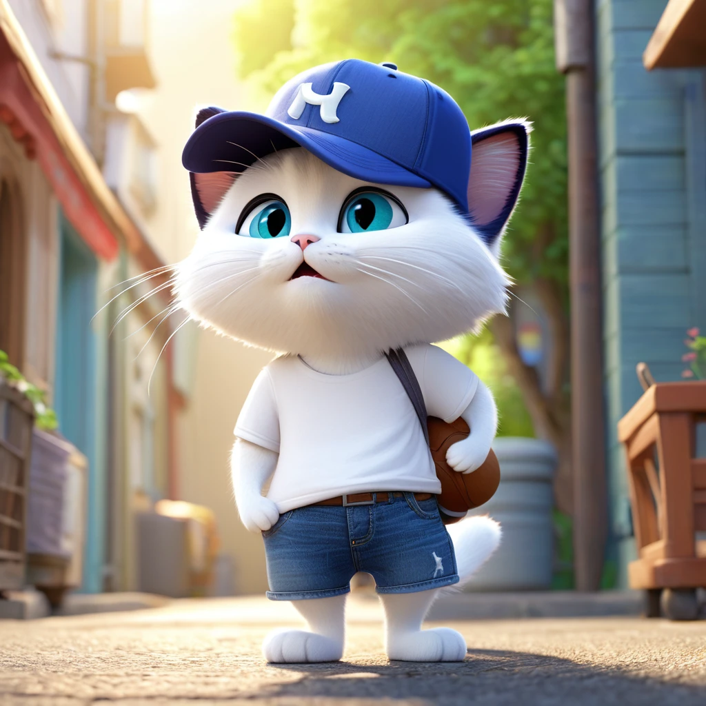 3D Pixar-style cartoon story, ふわふわのCatがテーブルの上に座っている, Nice, wearing wide jeans and a baseball cap,Cat,Furry,White T-shirt(Photo film style), Anthropomorphic, かわいいCat, 