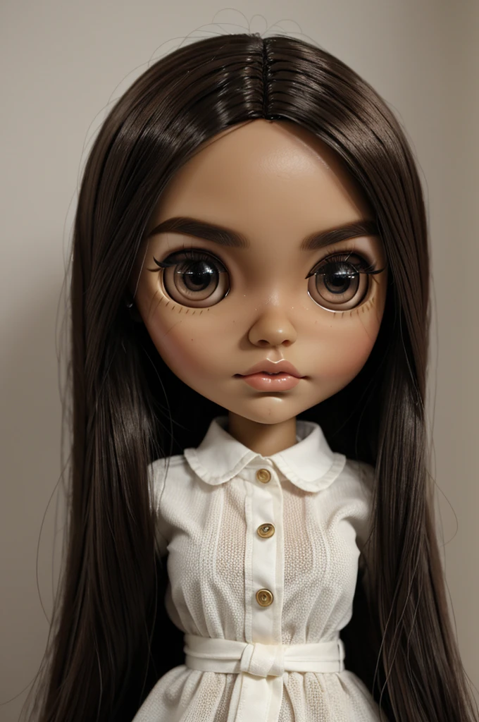 Blythe doll with big eyes, thick lips, arched eyebrows, straight hair and medium brown skin