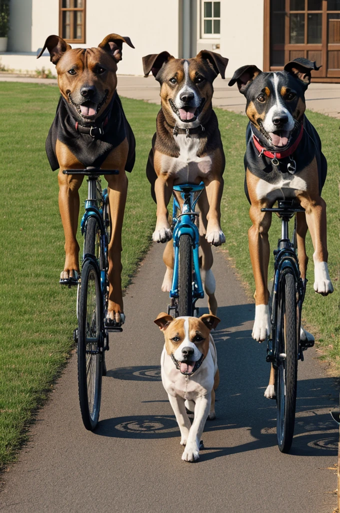 Three dogs on bicycles