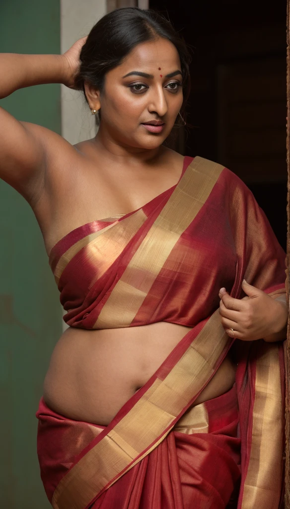 Foto RAW, photorealistic, photography, full body shot, 50 years old Woman, master shot, perfect eyes, goddess like beauty, pierced eyes, perfect thick chubby mallu Desi aunty bhabhi, Wearing a Stanapatta, a chest-band.Saree model, model Photography, Indian saree shoot, Indian traditional wear advertising photography, traditional wear brand shoot, face of Indian actress Sonakshi Sinha, masterpiece, realistic, realism, incredible details,  pleasure, photorealism, detailed skin, skin pores, high contrast, photorealistic Artstation 8k HD digital art trend of high definition and detailed realistic skin texture, ultra detail, realistic skin texture, armature, best quality, ultra high definition, (photorealistic:1.4),, high resolution, detail, raw photo, sweat, Re sharp, by Lee Jefferies Nikon D850 Film Stock Photo 4 Kodak Portra 400 Camera F1.6 Lens Rich Color Ultra Real Realistic Realistic Textures Dramatic Lighting Unreal Engine Trending at Art Station Cinestill 800,(pele altamente detalhada: 1.2), 8k UHD, DSLR, soft-lighting, alta qualidade, grain of film, Fujifilm XT3,she didn't like to wear blouse or bra, she is happy to wear only saree, she hates blouse or bra, detailed hairy armpits, hyper realistic skin, skin pores, sweat, veins, short hairs on armpit, stubble armpits, hyper realistic hairy armpits, 