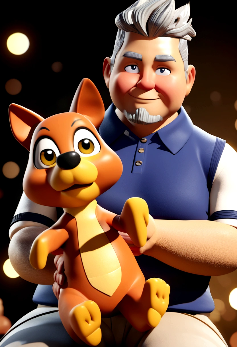 Cartoon character of a man in a blue pen polo shirt and a councilor vest, chubby guy with slightly gray hair and shaved sides, with bangs thrown to the side but not too long, eyes browns, closed beard, with a caramel dog on your lap, straight smile with thin lips, animation character, stylized character, animation style rendering, 3d stylized, Arnold Maya rendering, Stylized 3D rendering, toon render screenshot, 3d character, 3d character, Stylized 3D rendering, 3D character rendering, cartoon character, Funnily character, character posing, (Pixar-style) (master part:1.2) (bokeh) (best qualityer) (skin detailed) (detailed texture) (8K) (Argilla) (cinematic lighting) (sharp focus