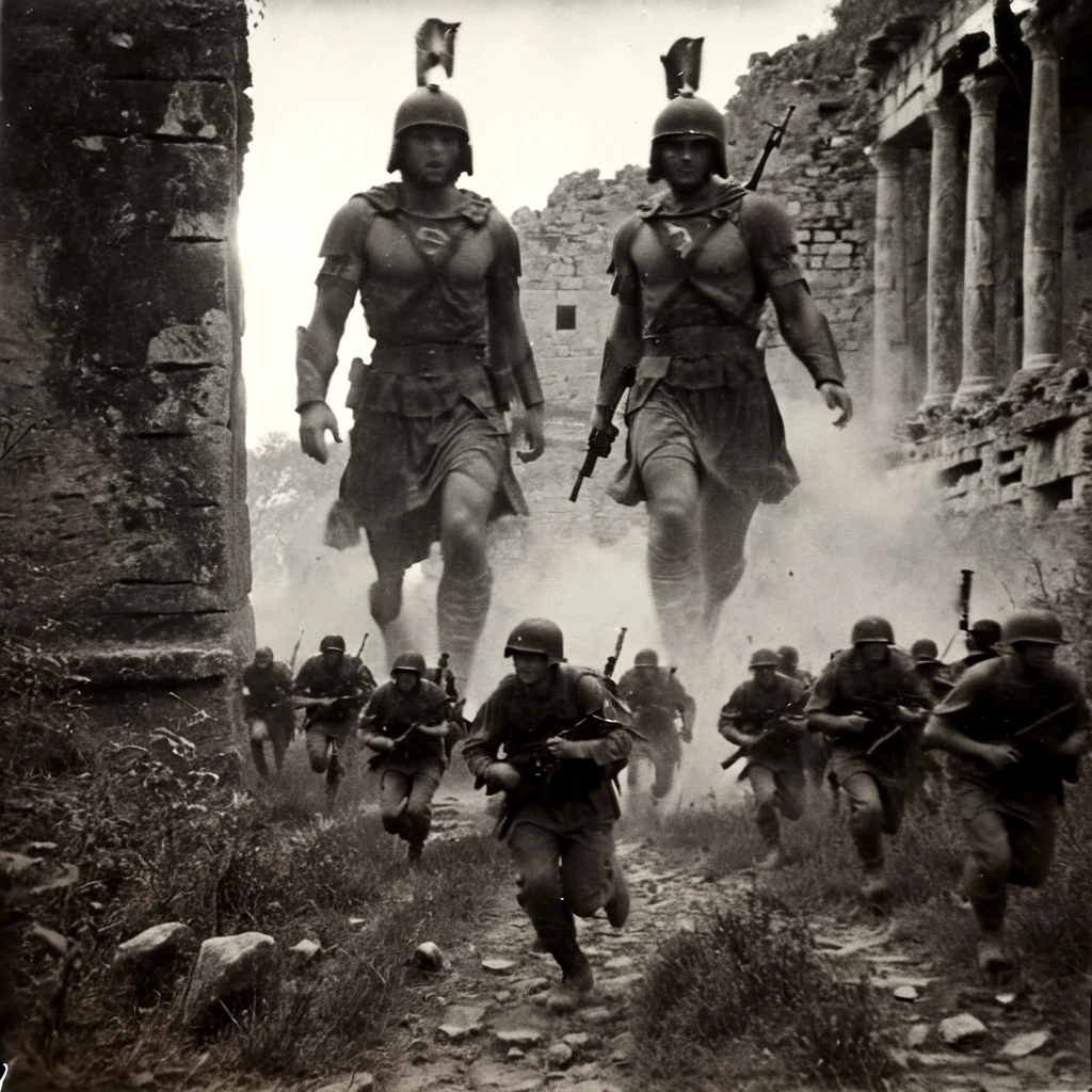 black and white, grainy old footage, 35mm vintage, frightened USA-army squad wearing camo-uniforms running from two giant-spartan soldiers among ancient ruins