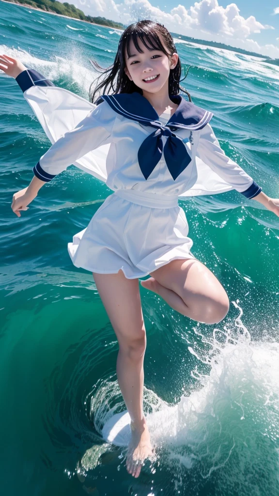 1girl,masterpiece, 12 years old;beautiful girl、8K quality, High definition, realistic pictures, professional writing, There is a woman jumping in the air from underwater to the sky., ((A pose that looks like dancing with the face facing upwards)), face upwards, dance in the air,artistic swimming, jump towards the viewer, jump towards viewer, she is floating in the air, jump into the air, jump on the audience, jump, jump with arms up, floating in the air, floating on the ground, Jump for joy, jump pose, horizontally jump!!!, wearing a sailor suit, high school girl,((Big wave crashing down)), ((Splashes of water splashing from the body)), Clear blue sky and white clouds, Sunlight flares