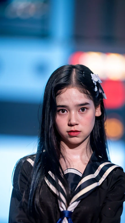 Masterpiece, best quality, ultra high res, realistic, (photorealistic:1.4), photography, rule of third, 1girl, (the girl wearing black sailor uniform), night, city light, cinematic lighting, 80s filter, detailed face , looking at viewer, front view, 80s movie, profile picture, portrait, dissapointed face