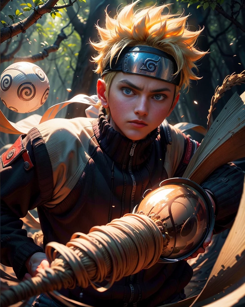(best quality), (masterpiece), ultra-detailed, 1boy, uzumaki naruto, epic pose, action, combat, energy ball, particle effects, long sleeve, emphasis lines, movement lines, (swirling:1.2), kamehameha, charge, energy ball, electricity, aura, conbat in the forest vs samurai 1.4, combat in the forest bamboo,