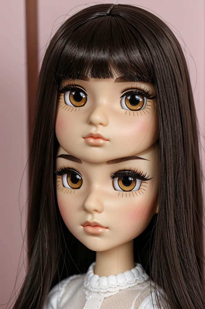 Blytle doll toy
with:
• black hair, straight
• without fringes
•straight eyebrow
•anime style eyelashes
•a mole above the right eyebrow
•end of the right eyebrow a mole
•Brown eyes
•brown lips