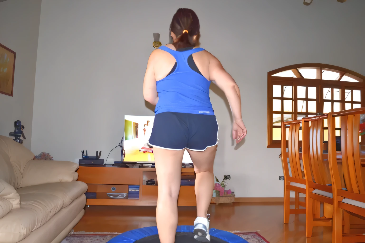 woman standing on a trampol in a living room with a television, back - shot, latina, back shot, rear-shot, backshot, fernanda suarez, side view of her taking steps, jumping, indoor, bouncing, in shape, centered full body rear-shot, fitness, working out, caroline gariba, portal 3, close full figure, karla ortiz