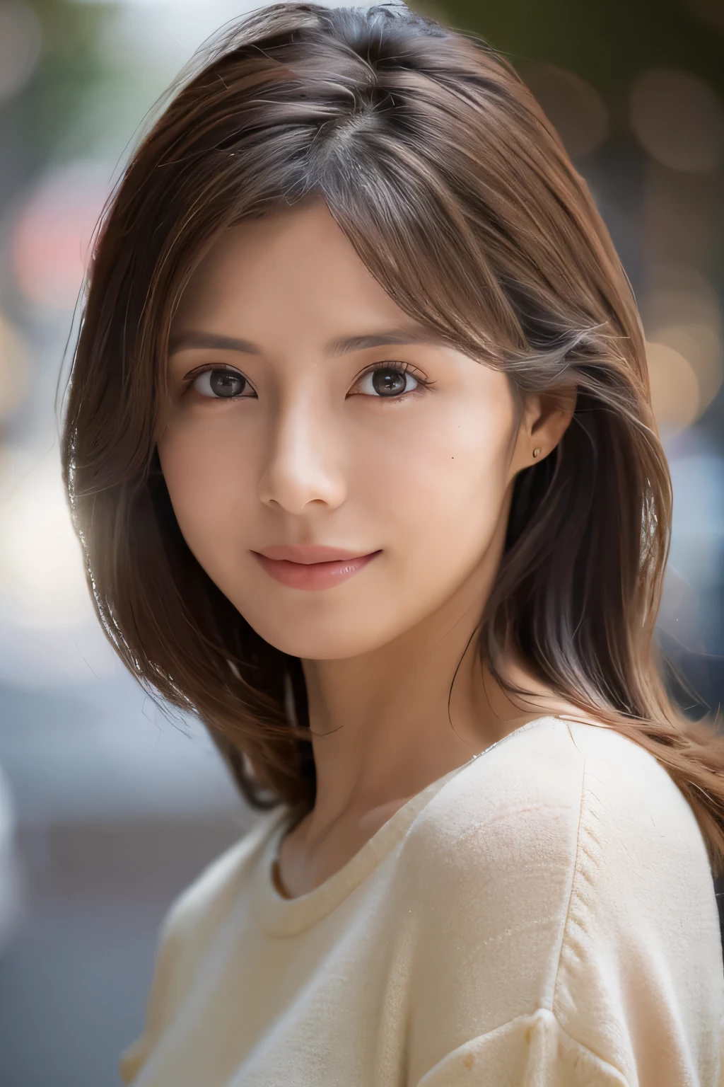  Brown-haired woman 30 years old、Dirty、Lens flare、(8K、to be born、Professional、Highest quality、masterpiece:1.2)、(Realistic、Photorealistic:1.37)、Very detailed、(Best detailed skins:1.2)、(Ultimate detailed face:1.2)、Cinema Lighting、1 female、Japanese、Brown Shortcut、(the wind is strong)、Warm White Light、A shy smile、Photographed from the front、((Highest quality、8K、masterpiece:1.3))、Beautiful woman with perfect figure:1.4、、((Dark brown hair、Big Breasts:1.2))、Very detailed face and skin texture、Detailed eyes、double eyelid、Big Breasts、Gender　Wearing a plain white crew neck T-shirt　Tokyo　whole photo　Cafe