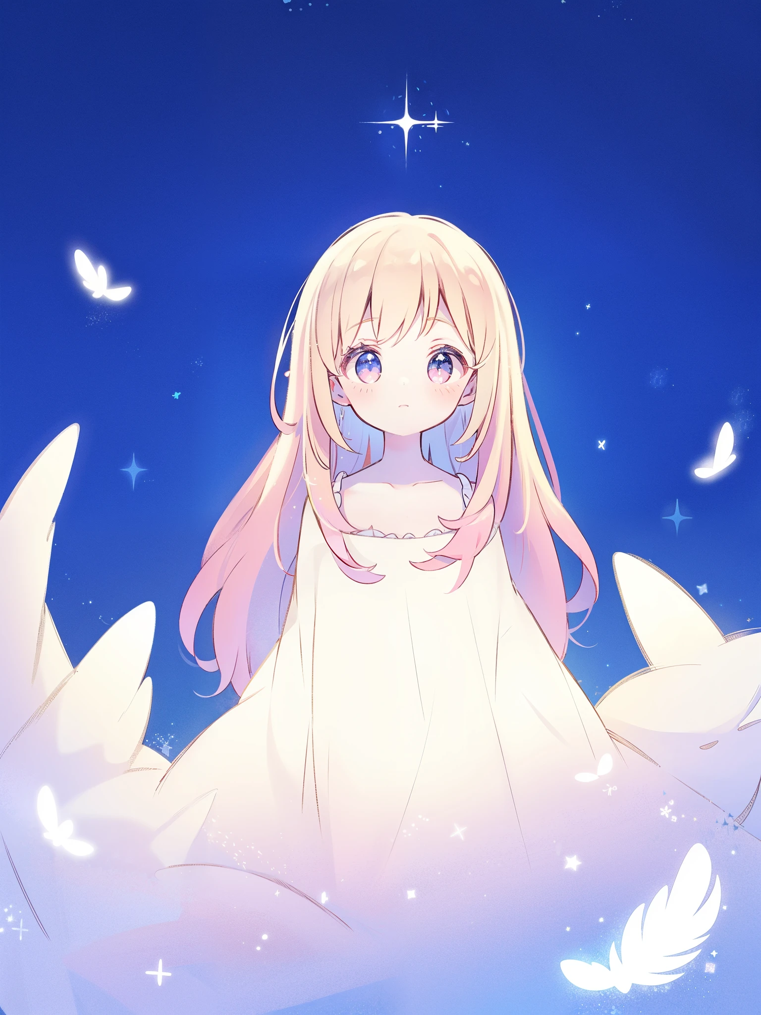angel girl wearing an ethereal translucent dress, pale skin and light pink hair, white feathers, angel wings, sparkling detailed eyes, golden ratio face, perfect composition, highly detailed, ethereal, (starry night sky background), midjourney style